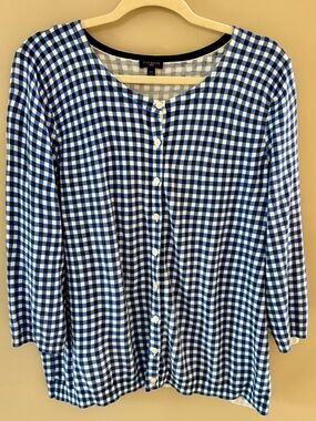 Talbots 2X Blue and White Gingham Lightweight Spring Cardigan
